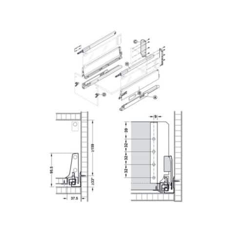 Kích thước Ray hộp Hafele 550.85.365
