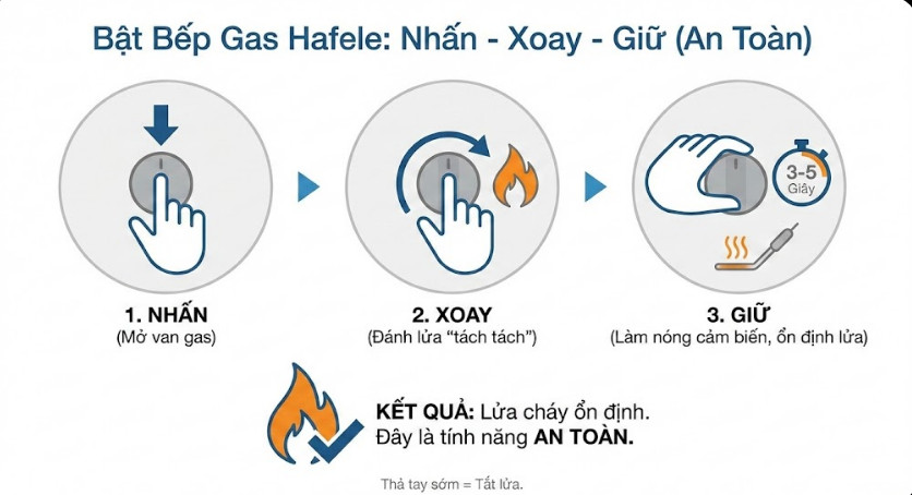 Thao tác bật bếp Nhấn - Xoay - Giữ